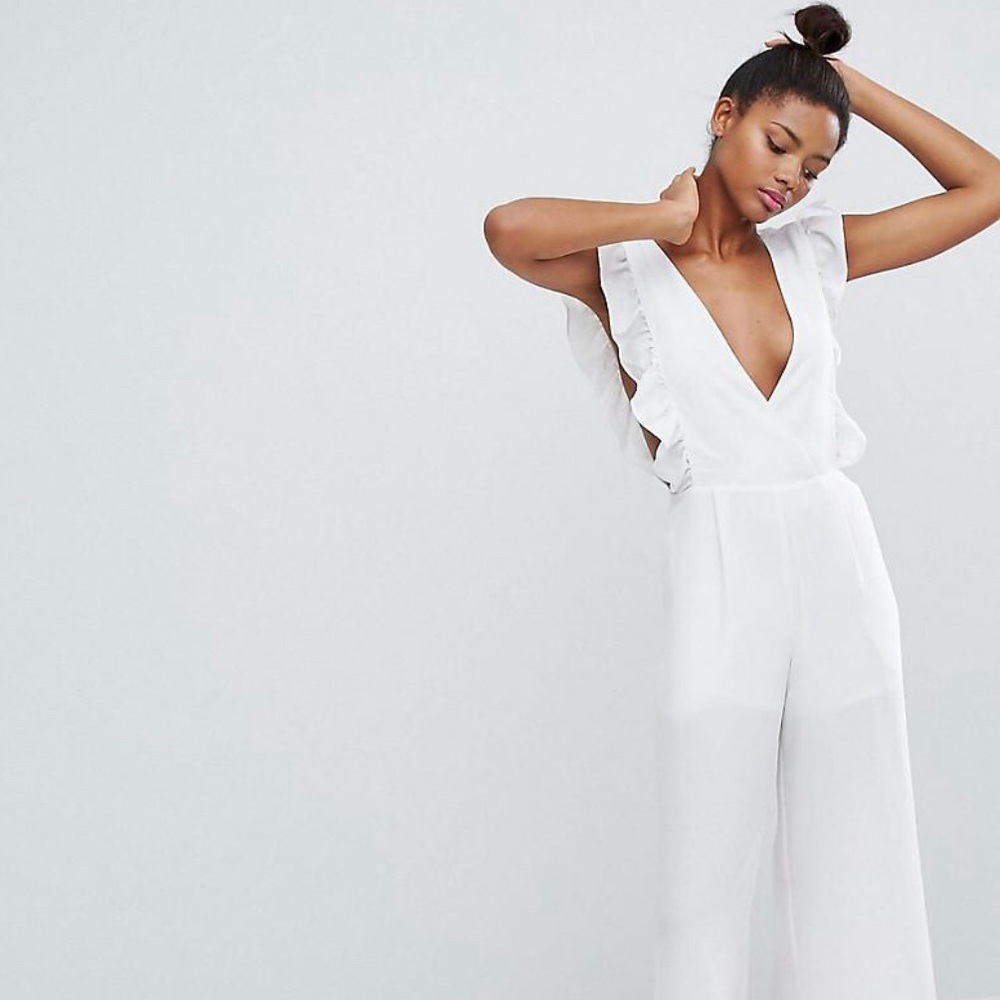 White ruffle culotte jumpsuit
